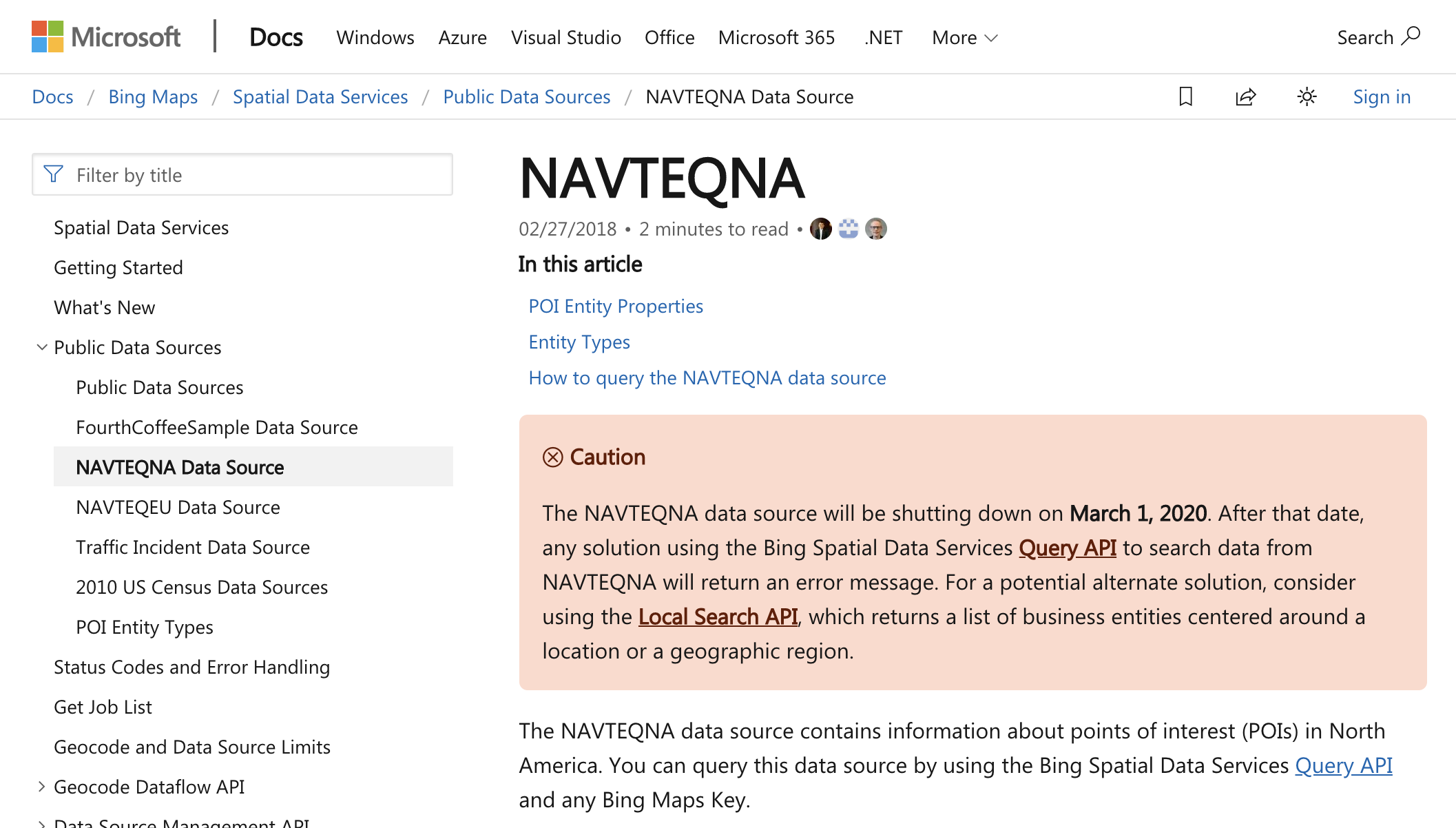 Bing Maps API Documentation Page Annoucing NAVTEQ Dataset Shutdown (2019)